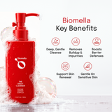 Biomella The Daily Cleanser key benefits infographic with red cleanser bottle