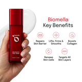 Biomella Postbiotic Face Cream bottle with key skincare benefits infographic
