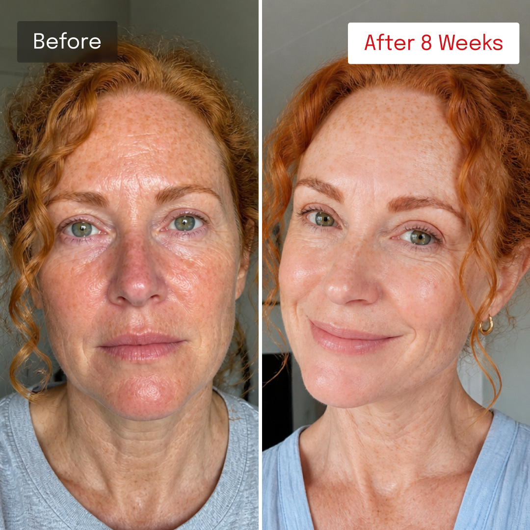 Before and after photos showing changes in facial skin appearance after 8 weeks