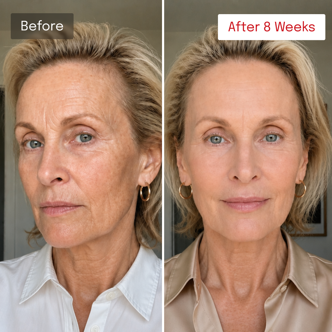 Before and after comparison of woman's facial skin after 8 weeks of skincare