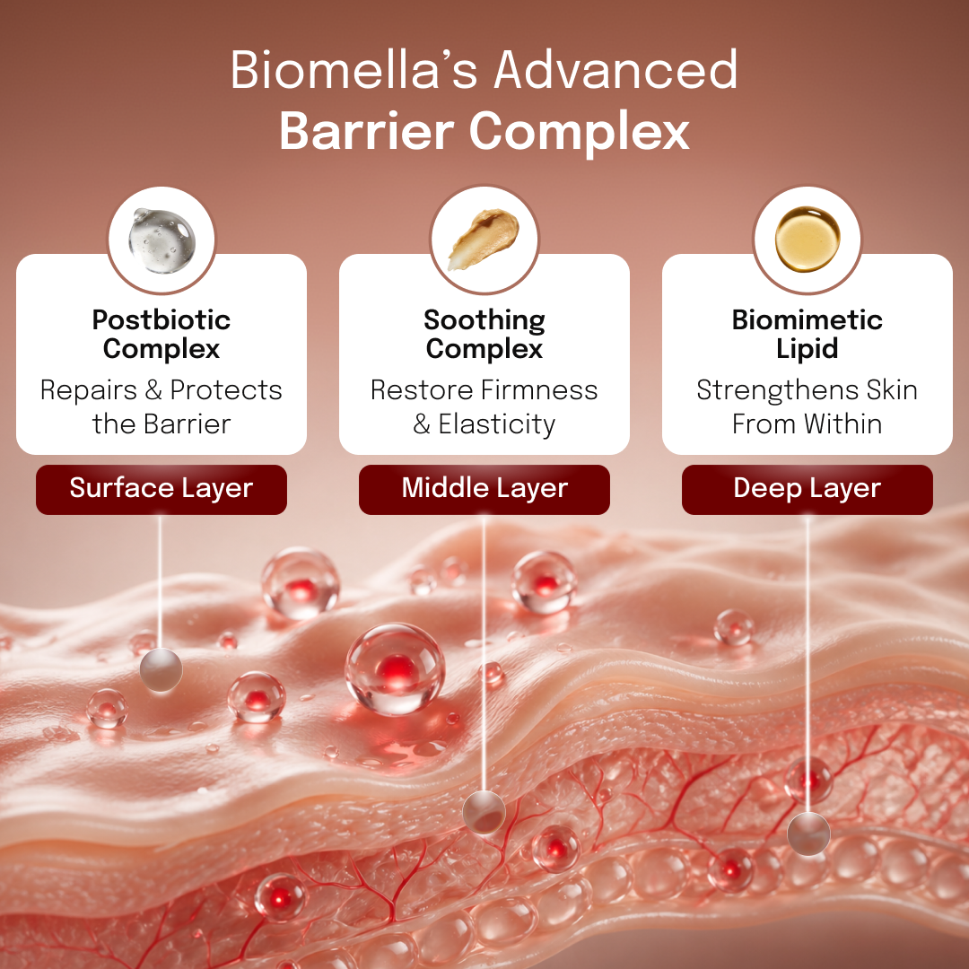 Biomella Advanced Barrier Complex infographic showing skincare ingredients and skin layers