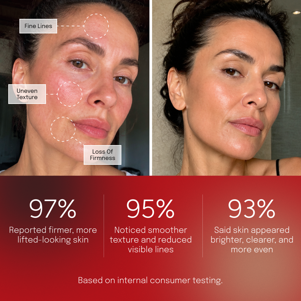 Before and after facial skin comparison with Biomella Postbiotic Face Cream, showing smoother texture and firmer-looking skin, alongside consumer study results