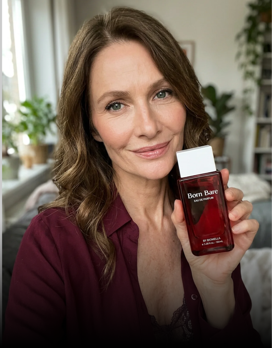 Woman with brown hair holding Biomella Born Bare Eau de Parfum bottle