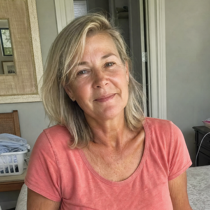Woman with shoulder-length blonde hair wearing a pink shirt