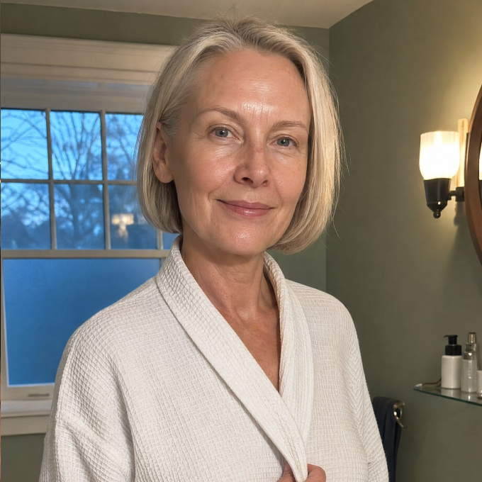 Woman with short blonde hair wearing a white bathrobe