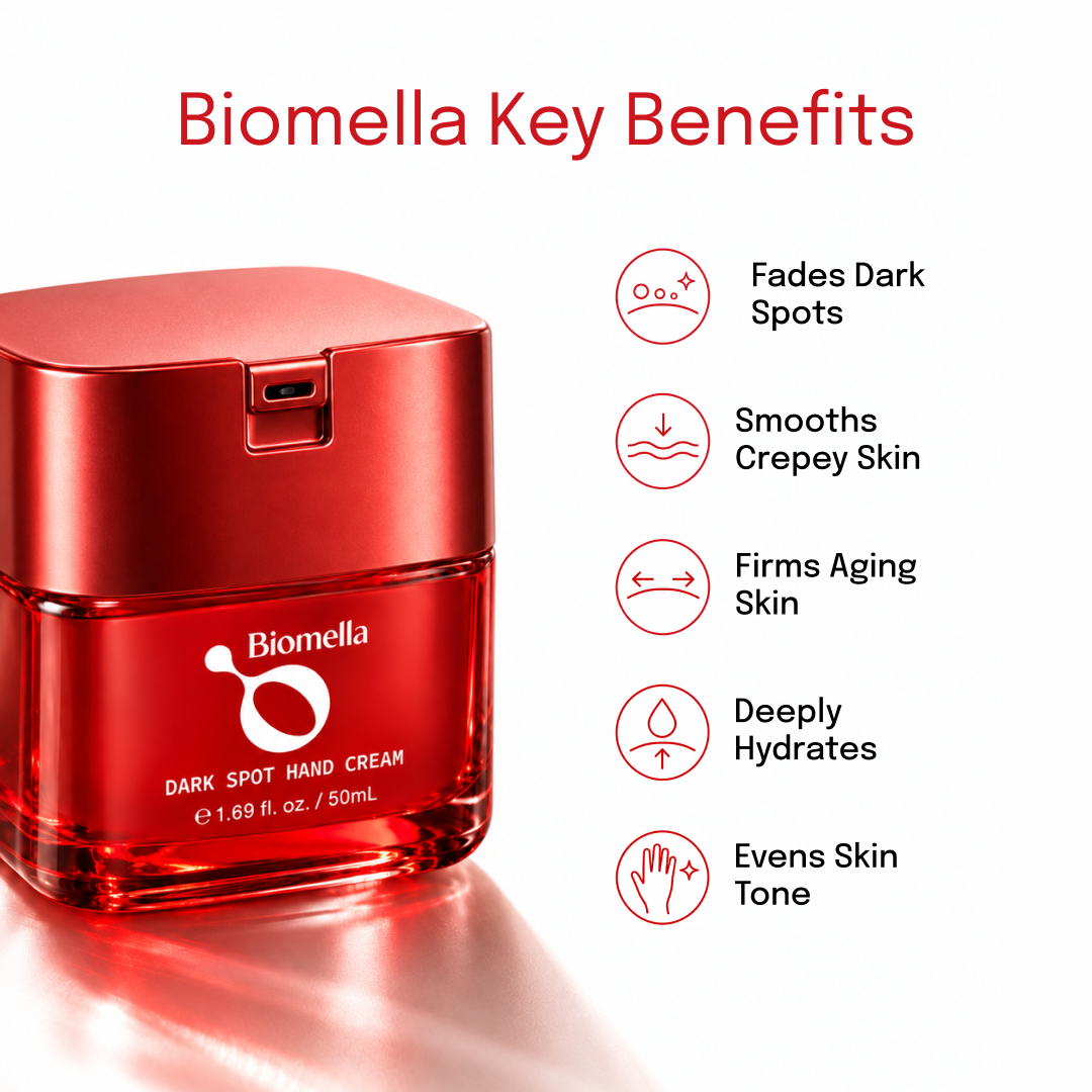 Biomella Dark Spot Hand Cream key benefits infographic featuring the red cream jar