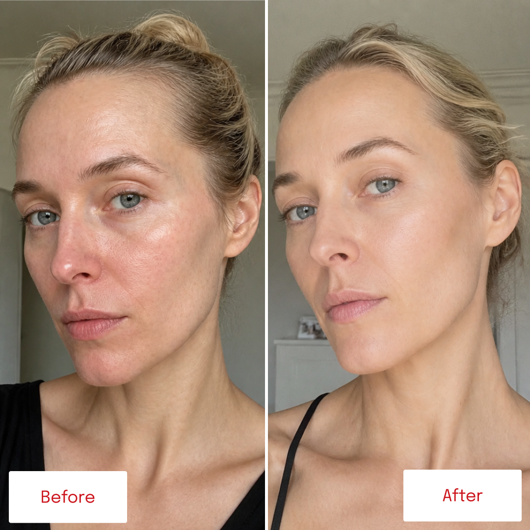 Before and after photos showing changes in facial skin appearance and texture