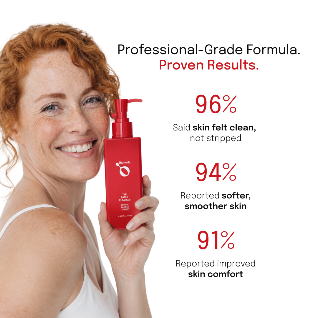 Biomella The Daily Cleanser consumer study results infographic with product photo