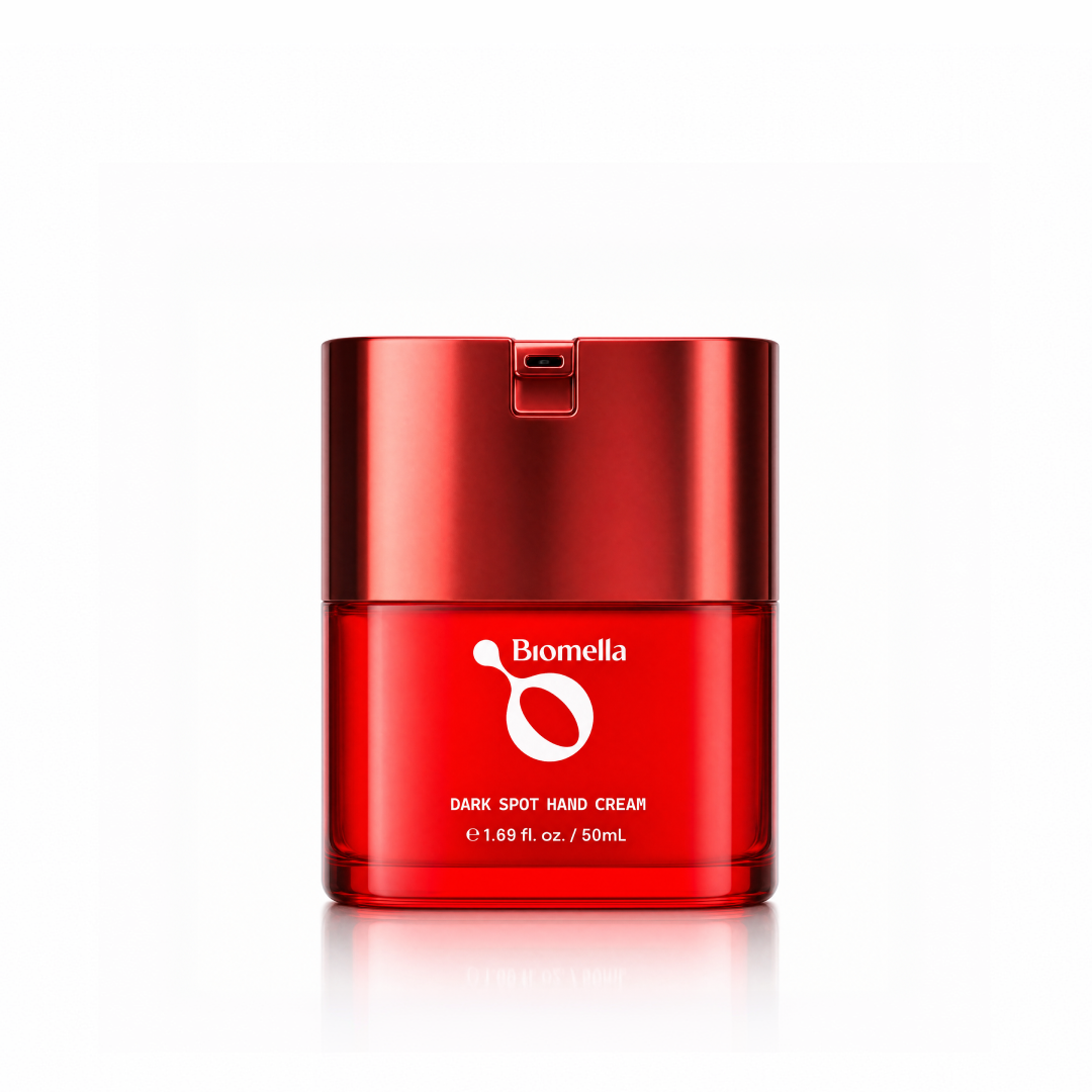 Biomella Dark Spot Hand Cream red jar on a white background