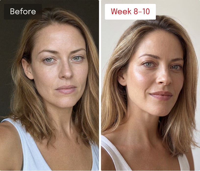 Biomella skincare before and after 8–10 weeks, showing smoother, firmer and brighter-looking facial skin