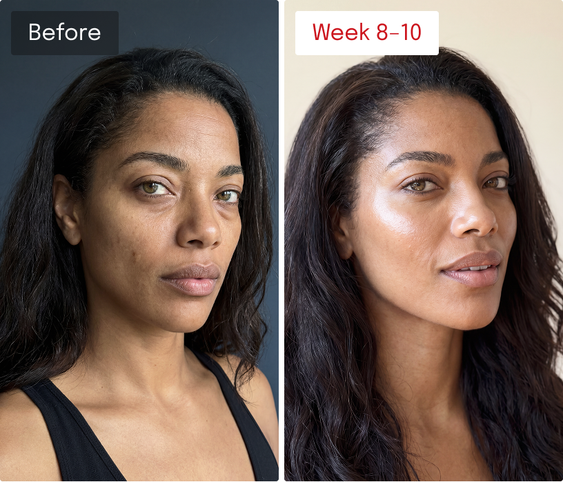 Biomella skincare before and after 8–10 weeks, showing improved skin firmness, smoother texture and a radiant complexion