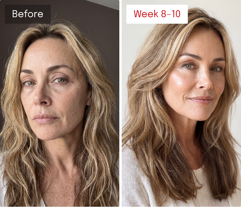 Biomella skincare before and after 8–10 weeks, showing reduced appearance of wrinkles and smoother, younger-looking skin