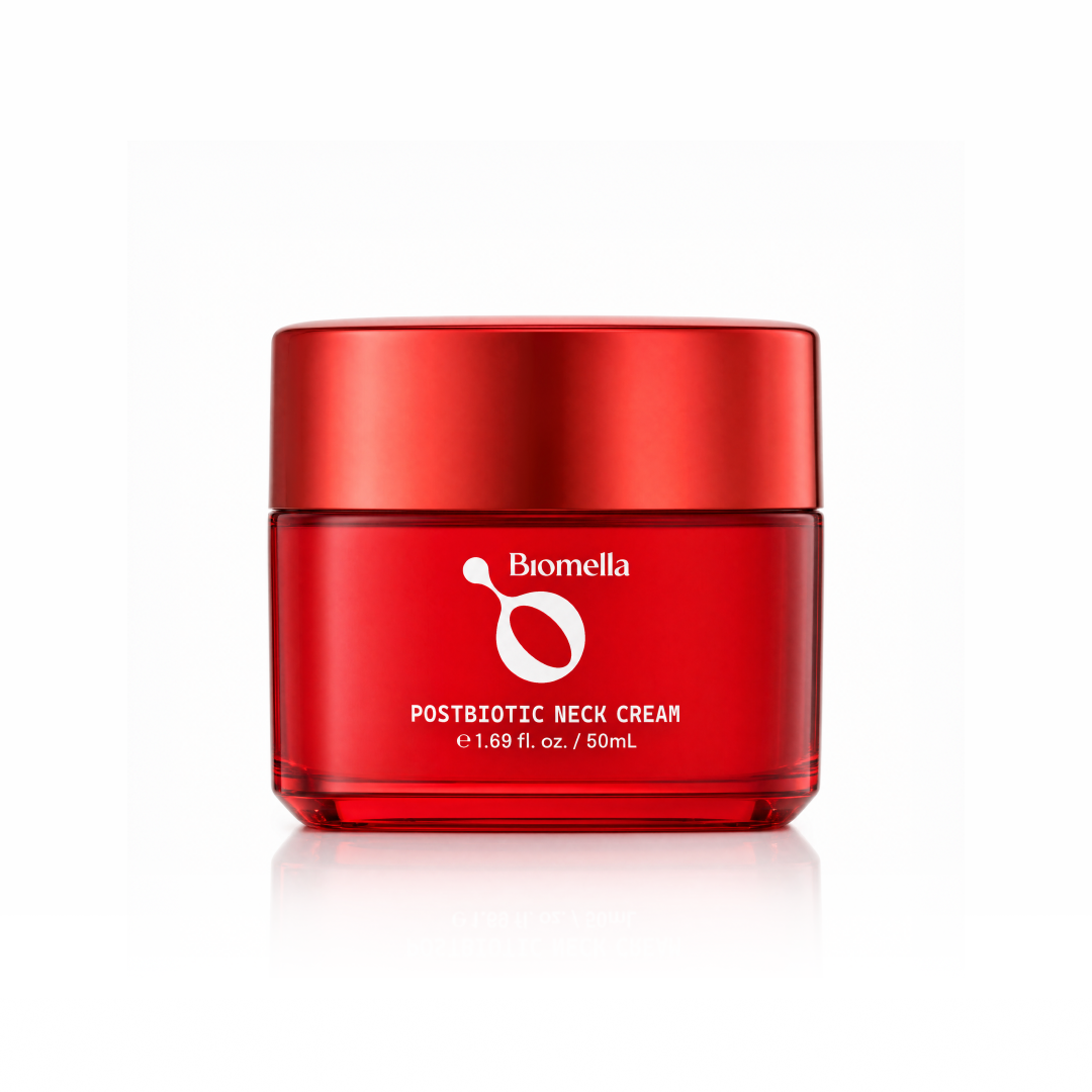Biomella Postbiotic Neck Cream red jar on a white background