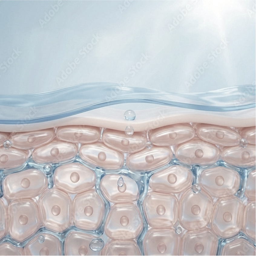 Illustration of skin layers protected by a hydrating moisture barrier