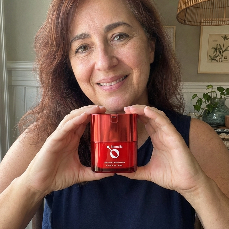 Smiling woman holding a red jar of Biomella Dark Spot Hand Cream