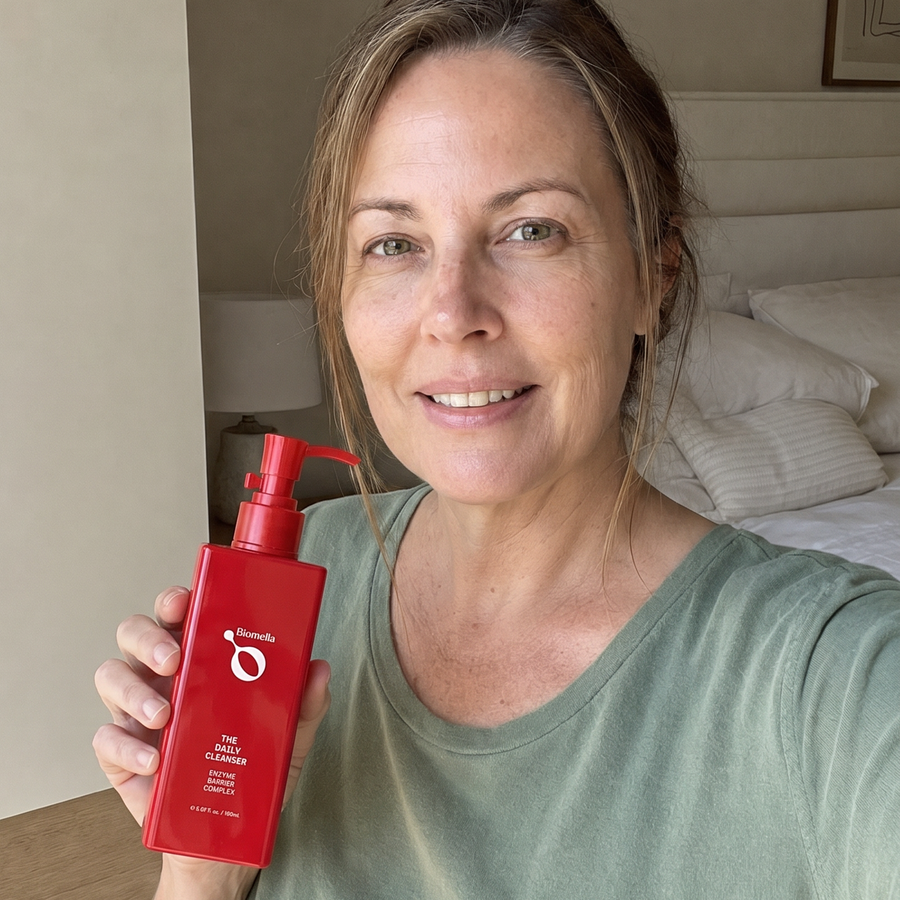 Smiling woman holding Biomella The Daily Cleanser red pump bottle