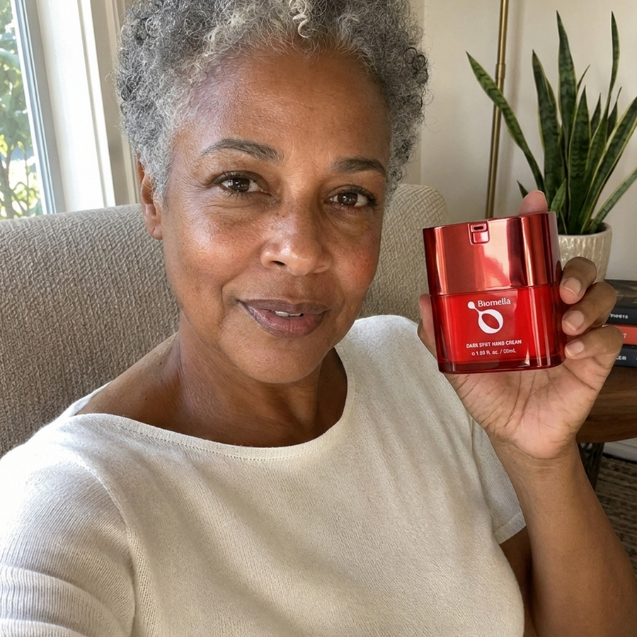 Woman with short gray hair holding Biomella Dark Spot Hand Cream beside her face
