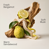 Biomella Born Bare fragrance notes featuring bergamot, sandalwood and soft musk