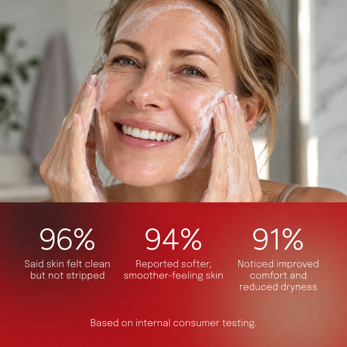 Woman gently touching her face, alongside Biomella The Daily Cleanser consumer study results showing 96% clean-feeling skin, 94% softer skin and 91% improved comfort