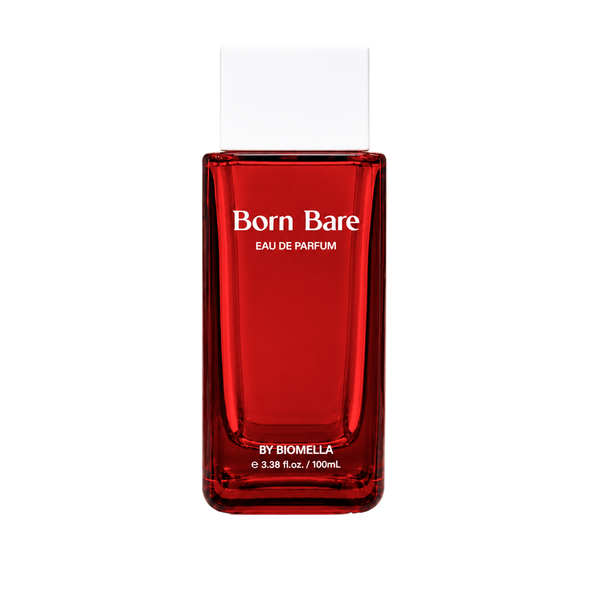 Biomella Born Bare Eau de Parfum red perfume bottle on a white background