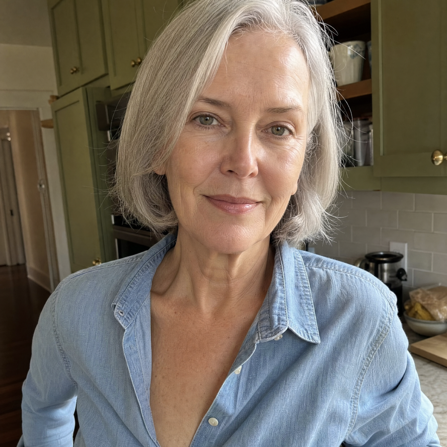 Woman with short silver hair wearing a light blue shirt